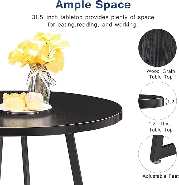 VECELO Round Dining Room Table with Wood Grain Tabletop and Steel Frame, for Kitchen, Living Room, Office, Conference, 2 to 4 Person, Black