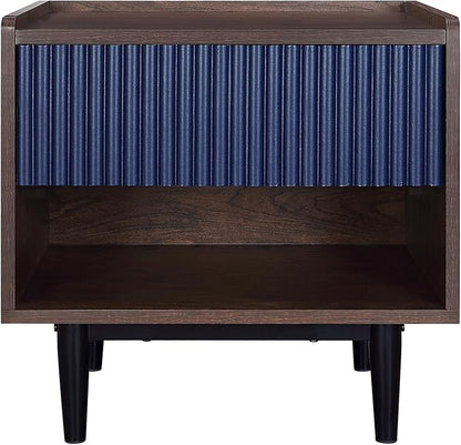 Manhattan Comfort Duane Modern Ribbed Nightstand, Bedside Table with Full Extension Drawer and Open Shelf, Industrial Chic Living Room and Bedroom Furniture, Navy Blue