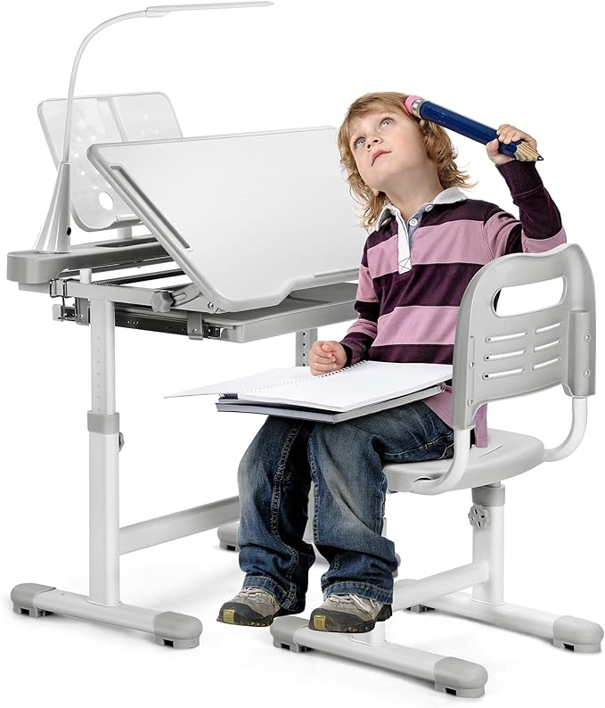 Rengue Kids Desk and Chair Set Height Adjustable School Study Desk and Chair with 55° Tiltable Desktop, 3 Modes &3 Brightness LED Lamps, Storage Drawer and Metal Hook for Boys Girls Gifts (Grey)