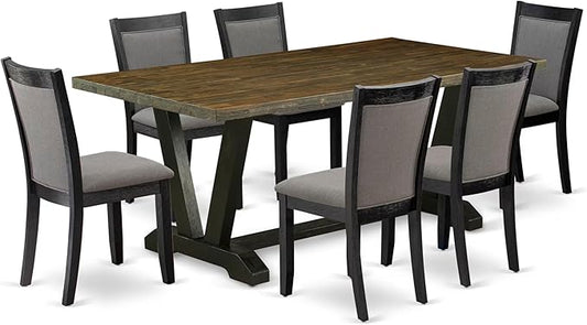East West Furniture V677MZ650-7 7 Piece Dining Room Set Consist of a Rectangle Dining Table with V-Legs and 6 Dark Gotham Grey Linen Fabric Upholstered Chairs, 40x72 Inch, Multi-Color