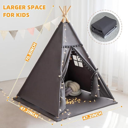 Teepee Tent for Kids with Mat, Star Lights, Carry Case, Cotton Canvas Playhouse, Foldable Tents, Portable Children Play Tent Indoor Outdoor(Grey)