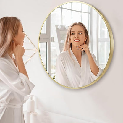 Gold Round Mirror 30 inch, Matte Gold Bathroom Mirror for Vanity, Brushed Metal Framed Circular Wall Mirror for Living Room, Hallway, Entryway