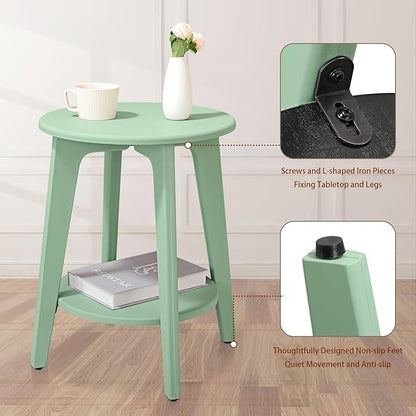 Round Side Table Green Wooden End Table with Lower Shelf Rustic Vintage Nightstand Beside Table for Living Room Bedroom Small Spaces