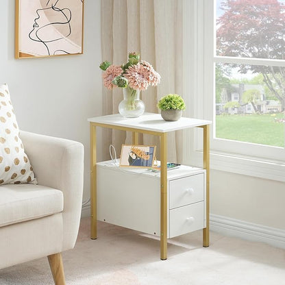 HOOBRO End Table with Charging Station, Narrow Side Table with 2 Drawer & USB Ports & Power Outlets, Nightstand for Small Spaces, Stable and Sturdy, for Living Room, Bedroom, Gold and White DW541BZ01
