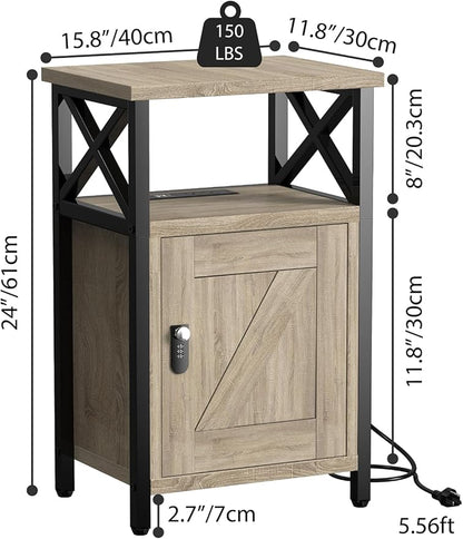 Wooden Nightstand with Lock, Bed Side Table with Drawers, Bedside Table with Charging Station, 3 USB & 2 Outlets, Night Stand with Storage, End Tables for Living Room, Bedroom, Greige