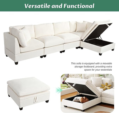 Merax Modern Upholstered Modular Sectional Sofa with Removable Storage Ottoman and Hidden Cup Holders, Free Combination Indoor Furniture Sets for Apartments, Studio, Office, 5 Seat-L Shape, Beige