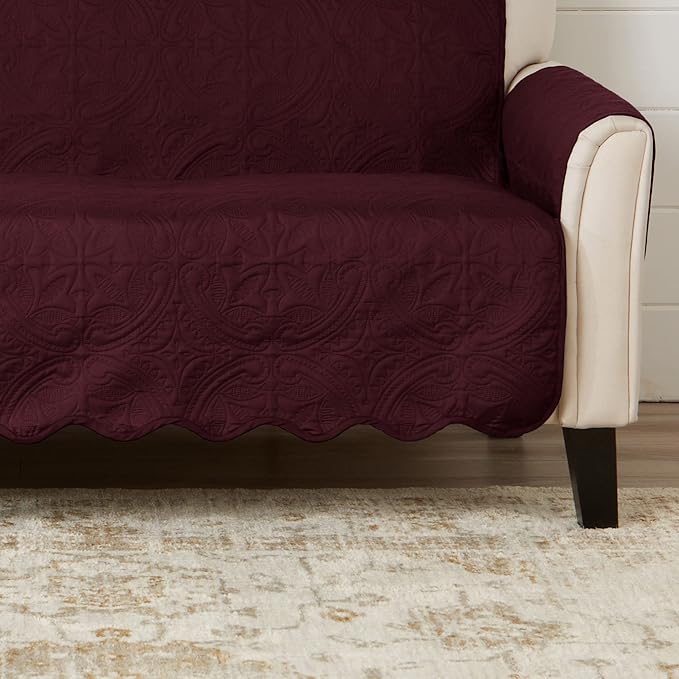 Medallion Stitched Solid Furniture Protector Stain Resistant Durable Furniture Protector Elenor Collection (Loveseat, Wine/Light Grey)