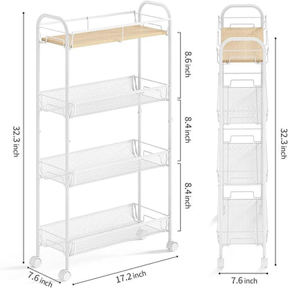 KINGRACK Metal Slim Rolling Cart,4-Tier Metal Utility Cart,Storage Cart with Wooden Tabletop, for Narrow Space on Laundry Bathroom Kitchen Room Bedroom Apartments Dormitory (Pure White, Slim)