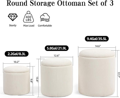 Round Set of 3 Ottoman with Storage-Upholstered Velvet Vanity Stool for Modern Multifunctional Coffee Table Padded Seat Foot Rest for Living Room and Bedroom (White)