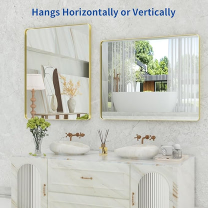 WEER Gold Bathroom Mirror, 40X32 Inch Brushed Gold Metal Frame Mirror, Rounded Rectangle Gold Bathroom Vanity Mirror for Wall, Tempered Glass, Anti-Rust, Hangs Horizontally or Vertically