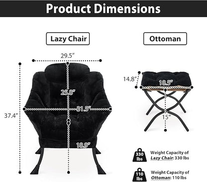 Lazy Chair with Folding Ottoman, Accent Chair Plush Upholstered with Metal Structure and Non-Slip Pads, Sofa Armchair with Footrest and Side Storage Bag for Dorm, Room, Office, Black