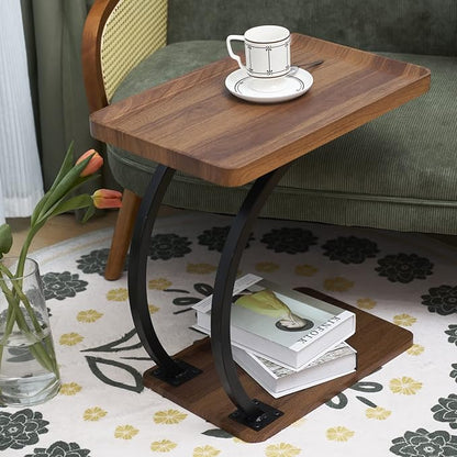 C Shaped 2tier Large Tray Wood top Heavy Duty Side end Table Large TV Tray for Couch Sofa Double Bent Tubes 2