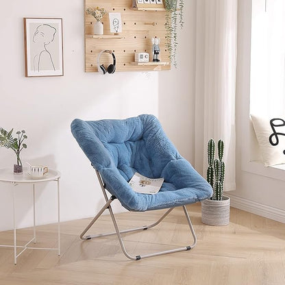 Tiita Comfy Saucer Chair, Soft Faux Fur Oversized Folding Accent Chair, Lounge Lazy Chair for Kids Teens Adults, Metal Frame Moon Chair for Bedroom, Living Room, Dorm Rooms, X-Large, Blue