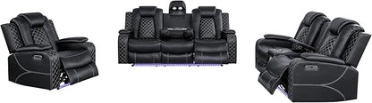 Ball & Cast Power Recliner Sofa Set Leather Reclining Sofa Set Living Room Furniture Set 3PCS Recliner Couch Loveseat and Chair Sets with LED,USB Charging,Cup Holders,Storage Console for Home Theater