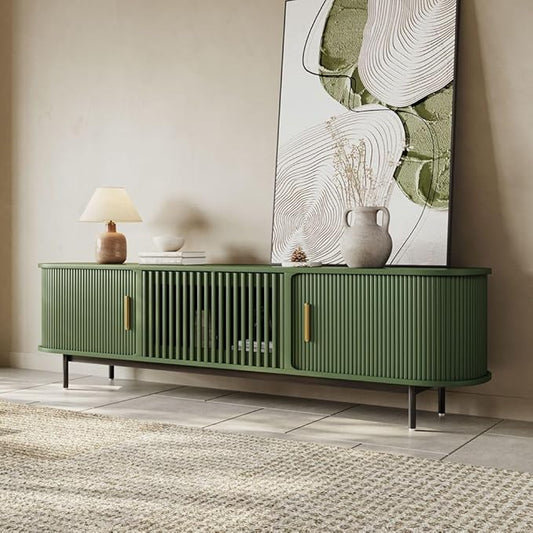 POVISON Fully-Assembled Modern Green TV Stand with Tambour Doors, Fluted TV Media Console for 75 Inch TVs, Sliding Door Entertainment Center with Storage for Living Room (Green, 78.74")