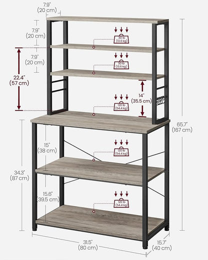VASAGLE Coffee Bar, 31.5 Inches Baker's Rack for Kitchen with Storage, 6-Tier Kitchen Shelves with 6 Hooks, Microwave Stand, Industrial, Greige and Black UKKS019B02