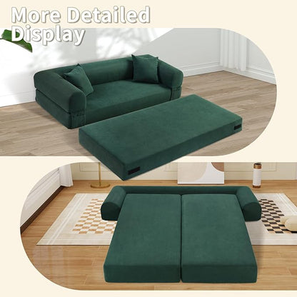 80" Convertible Sofa Bed, Corduroy Deep Seat Folding Pull Out Couch with Pillows, No Assembly Modern Boneless Couch Compression Sofa in Box, Floor Sofa with Storage Pocket for Living Room,Dark Green