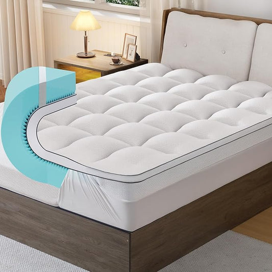 4 Inch Memory Foam Mattress Topper Queen Size - Dual Layer 3 Inch Cooling Gel Memory Pad and 1 Inch Pillow Top Mattress Cover for Back Pain - 60" x 80" x 4"