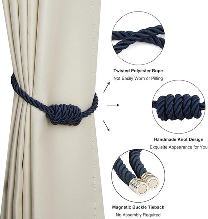 BEL AVENIR Magnetic Curtain Tiebacks, Decorative Drapery Holdbacks Modern Woven Tie-Backs with Exquisite Knot (Navy, 2 Pack)