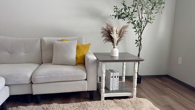 DWVO Farmhouse Square Coffee Table Set of 2, Antique Accent Side Table with Floor Shelf, 23.6"x 23.6" Living Room Furniture, Vintage Ivory & White