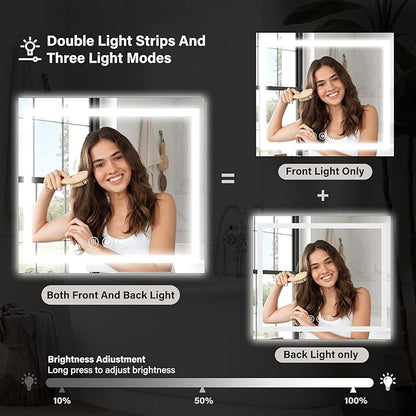 40"x 40" LED Bathroom Mirror, Backlit + Front Lit, LED Bathroom Mirror with Lights for Wall, 3 Colors, Anti-Fog, Dimmable Brightness, Memory Function, Tempered Glass