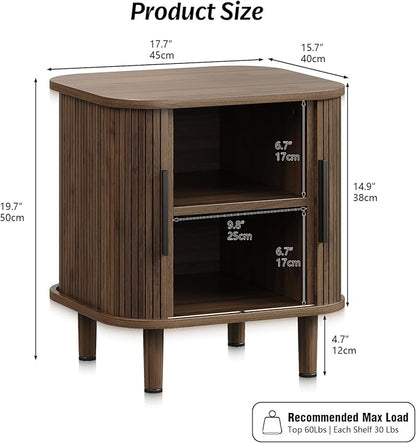 Fluted End Table with Sliding Tambour Door, Mid-Century Modern Bedside Table with Storage, Small Nightstand for Bedroom Living Room Side Table