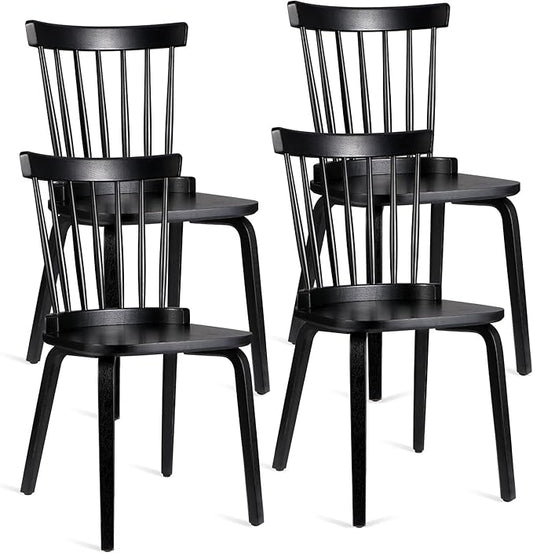 Unovivy Wood Dining Chairs Set of 4, Farmhouse Spindle Back, Widen Seat, Modern Mid-Century Country Style, for Living Room Restaurant, Black