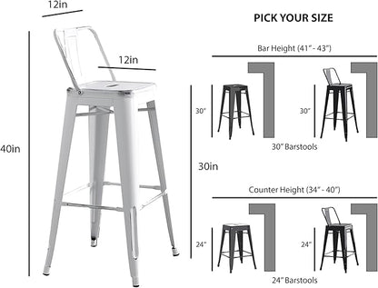 AC Pacific Modern Metal Barstool Set of 2 – Country Rustic Style with Low Back, Lightweight & Sturdy Build, Easy Assembly –, 30" Seat, Distressed White