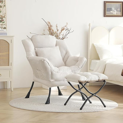 Lazy Chair with Ottoman, Modern Large Accent Lounge Chair with a Pillow, Leisure Sofa Armchair with Ottoman, Reading Chair with Footrest for Bedroom, Living Room, Dorm Room,Peach Beige