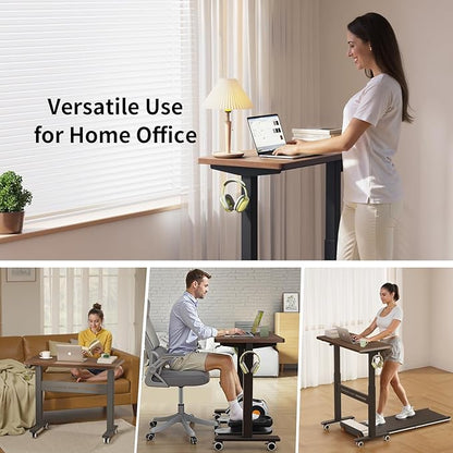 Mobile Walking Pad Desk with Wheels, Pneumatic Small Rolling Standing Desk Riser Height Adjustable (28-43.7") for Treadmill, Portable Computer Table for Home Office, Black Walnut