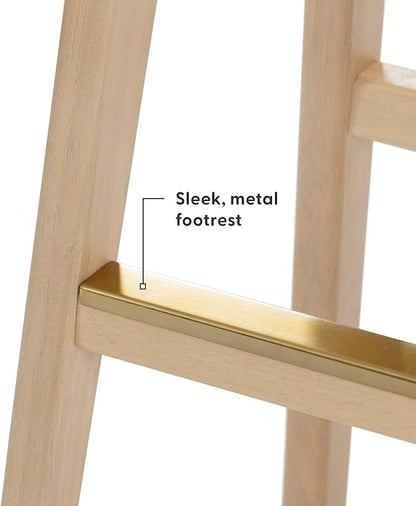 Plank+Beam Beryl Bar Height Stool - Mid-Century Modern Rubberwood Bar Stool with Faux Leather Seat, Metal Footrest, Easy Assembly, 4-Pack, Blonde/Sesame