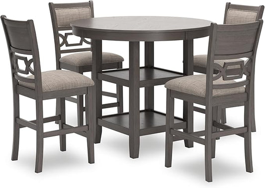 Signature Design by Ashley Wrenning Modern Diamond Patterned Counter Height Dining Table and 4 Upholstered Bar Stools with 2 Shelves, Set of 5, Gray & Light Gray