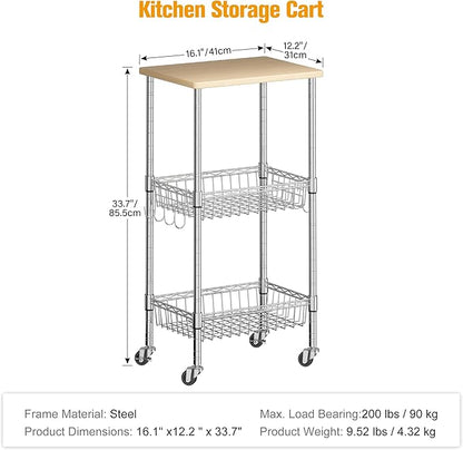 Rolling Kitchen Storage Cart, 3-Tier Storage Rack on Caster Wheels with Adjustable 2 Baskets, Coffee Station Cart Rack Shelf Organizer for Living Room Office, Balcony, Chrome/Silver