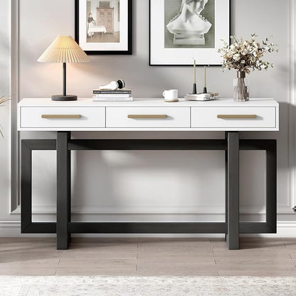 57” Console Sofa Table with 3 Storage Drawers, Modern Long Narrow Behind Couch Furniture for Living Room, Entryway, Foyer, Entrance, Hallway, Front Door, Corridor, Grey and White