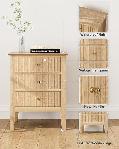 Fluted Nightstand, Farmhouse Night Stand with 3 Drawers, Mid Century Modern Side Accent Table,Bedside End Table for Bedroom, Living Room, Natural