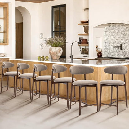 COLAMY Mid-Century Modern Upholstered Counter Height Bar Stools Set of 6, Kitchen Island Stools with Contoured Fabric Seat, Wood Legs, Camel