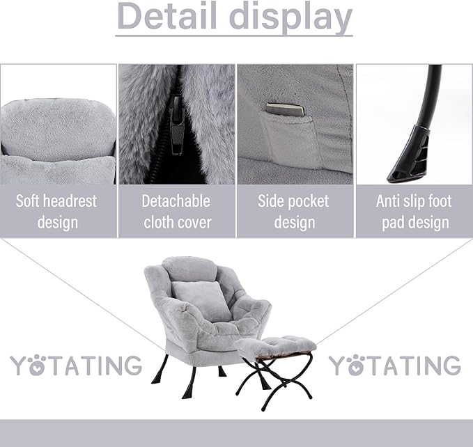 Lazy Chair with Ottoman, Comfy Reading Lounge Chair with Footstool & Throw Pillow Modern with Armrests & Side Pocket for Living Room, Bedroom, Dorm Room, Plush Grey
