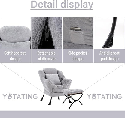 Lazy Chair with Ottoman, Comfy Reading Lounge Chair with Footstool & Throw Pillow Modern with Armrests & Side Pocket for Living Room, Bedroom, Dorm Room, Plush Grey