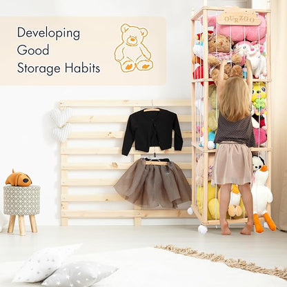 Stuffed Animal Storage Organizer, Zoo Toy Storage Holder with Wheels, Extra Large Capacity Wooden Stuffed Animals Storage Cage, Soft Toy Stuffed Animal Holder Tower for Nursery Playroom Bedroom