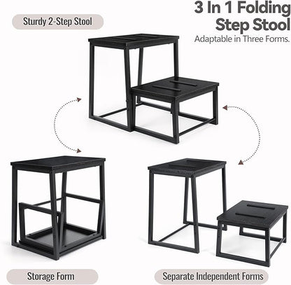 Vrisa Step Stool for Adults Wooden 2 Steps Footstool Heavy Duty RV Bedside Stepping Stool for High Beds with Metal Frame Hold Up 500LB Foot Stool for Kitchen Bathroom Bedroom, Black