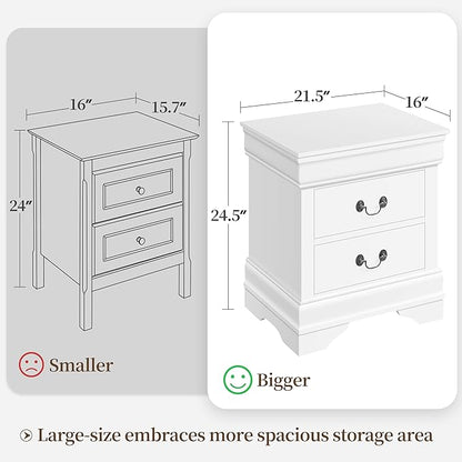 Yaheetech Fully-Assembled Nightstands Set of 2, 2-Drawer Nightstands Large Classic Bedside Tables with Storage, Wooden Painted Storage Cabinet for Bedroom, 21.5" L×16" W×24.5" H, White