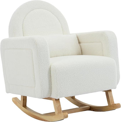 Christopher Knight Home Kiin Wooden Rocking Chair Indoor with Curved Back, Teddy Upholstered Rockers with Pillow, Comfy Accent Chair with Armrest for Bedroom, Living Room, Offices, Cream White