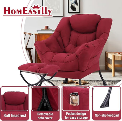 Lazy Chair with Ottoman, Large Modern Lounge Accent Chair with Armrests and Footrest, Reading Armchair with Ottoman, Leisure Sofa Chair for Living Room, Bedroom, Dorm Room, Office（Burgundy）