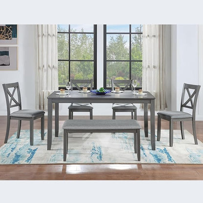 KEIKI 6-Piece Standard Height Dining Table Set with Rectangular Table, 4 Upholstered X-Shaped Backrset Chair, Bench, for 6 Person, Modern Style Table Set, Easy Assembly, for Kitchen, Dining Room, Gray