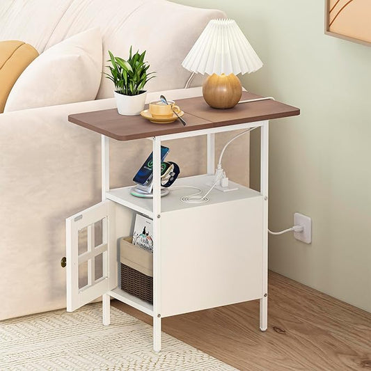 Farmhouse Narrow Side Table with Charging Station - 3-Tier End Table with USB & Outlets Compact Bedside Storage Table for Small Spaces, Multi-Functional Accent Table for Bedroom, Couch Corner Entryway