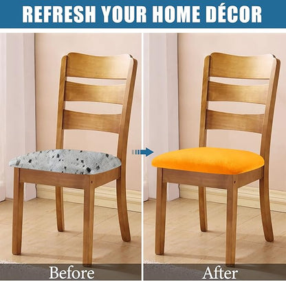 Smiry Velvet Seat Covers for Dining Room Chair Set of 2, Stretch Fit Removable Washable Chair Seat Cushion Protector Slipcovers with Ties, Mustard Yellow