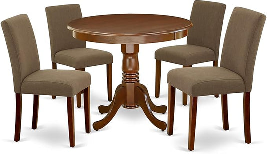 East West Furniture ANAB5-MAH-18 5 Piece Dining Table Set for 4 Includes a Round Kitchen Table with Pedestal and 4 Coffee Linen Fabric Upholstered Chairs, 36x36 Inch, Mahogany