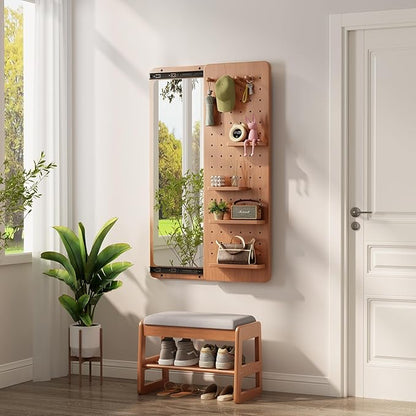 KungFuWood Full Length Mirror with Shelf and Hooks,Entry Way Mirrors for Wall,Wall Mirror with Shelf,Wall Mirror with Storage Multifunctional Design Panel,Living Room