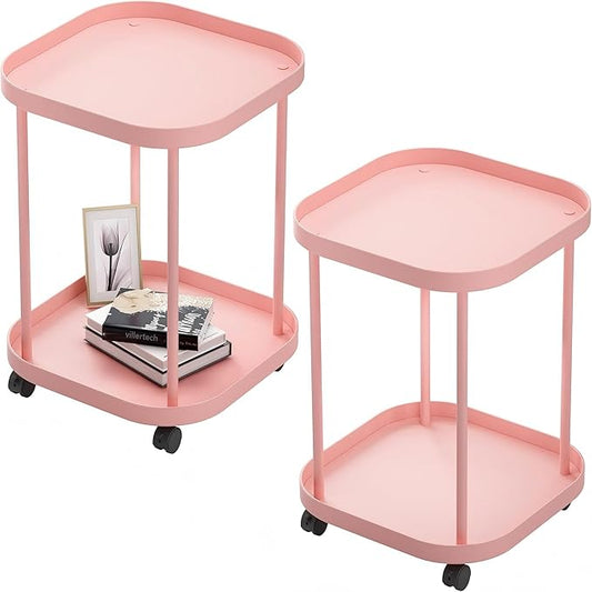 Side Table with Wheels, End Table Living Room Plastic Mobile Sofa Side Table Small Night Stand Bedroom Pink (2 Pack)