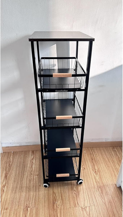 Kitchen Storage Cart Slim Rolling Cart On Wheels,5-Tier Skinny Kitchen Island Utility Organizer Storage Cart with Pull-Out Baskets and Wood Top,Mesh Fruit Basket Cart with Handle